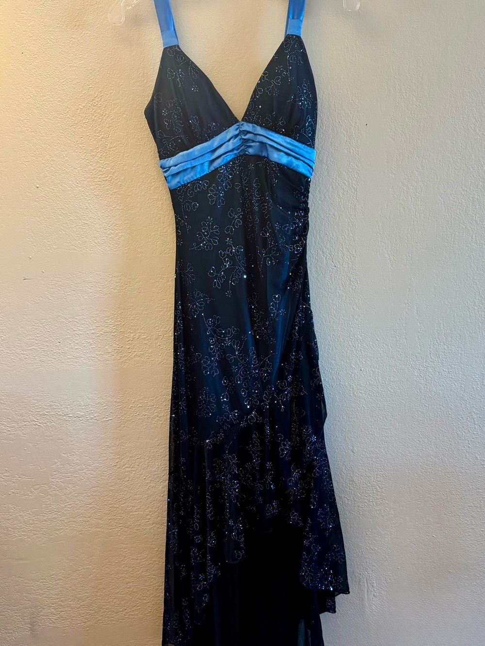 Taboo Black High-Low Evening Dress with Blue Accents